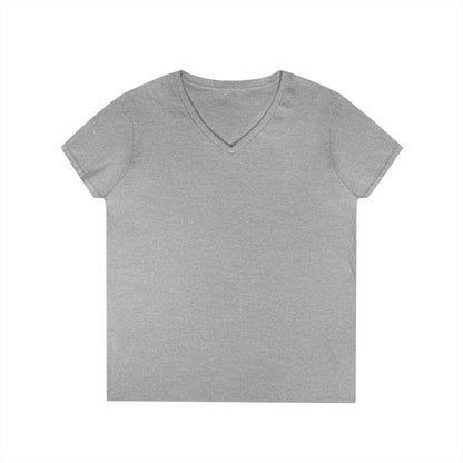 Gray women's v-neck tee - has a winking smiley face and "never better - Ellijay GA" on the back 