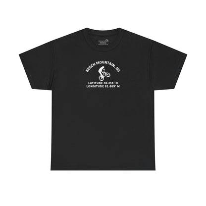 Black t-shirt with mountain bike graphic and text "Beech Mountain, NC" along with Latitude and Longitude" coordinates