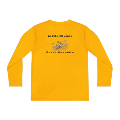 Yellow long-sleeve performance tee with text "Little Ripper - Beech Mountain" with Skier shredding graphic on the back