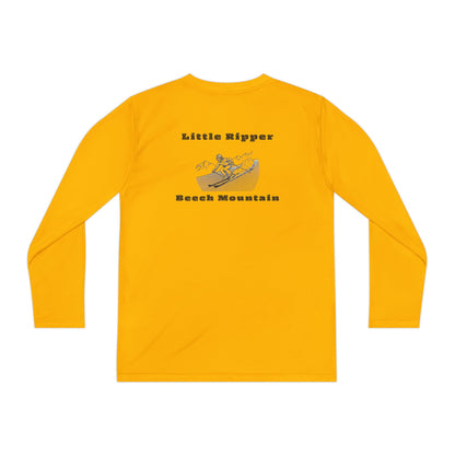 Yellow long-sleeve performance tee with text "Little Ripper - Beech Mountain" with Skier shredding graphic on the back