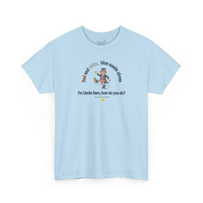 Light blue  t-shirt with July 4th dancing Uncle Sam and text 