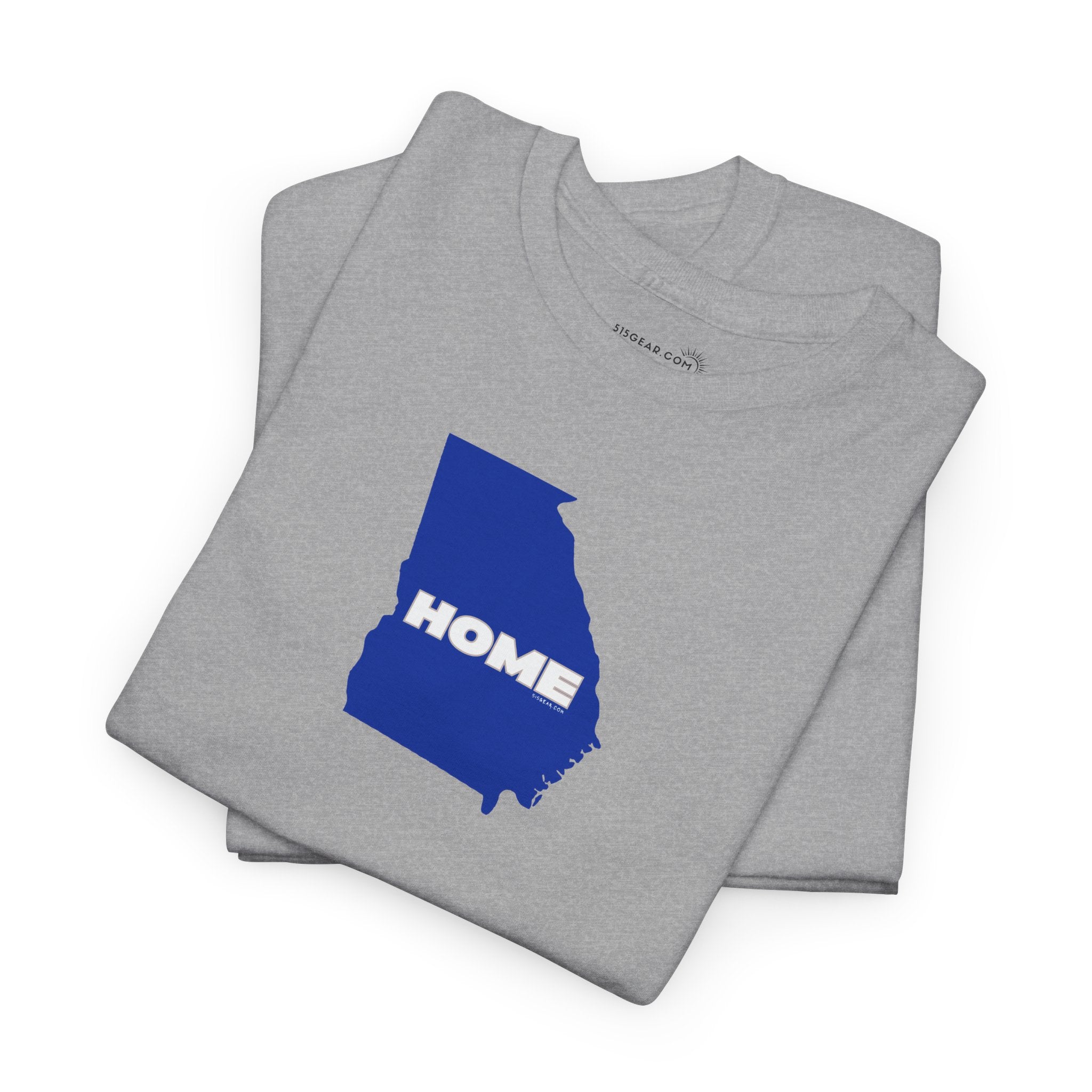 Gray Unisex Heavy Cotton Tee, 100% cotton with State of Georgia graphic and text "HOME" in college colors (Georgia State University)