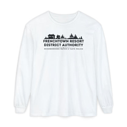 White Comfort Colors long-sleeve tee with text Frenchtown Resort District Authority Neighborhood Watch & Taste Police