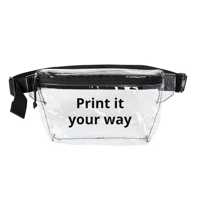 Clear concert, customizable fanny pack with black text 