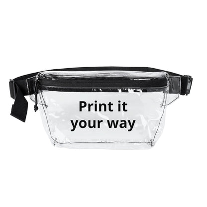 Clear concert, customizable fanny pack with black text 