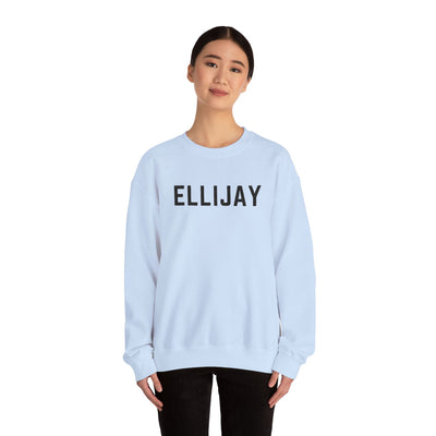 Person wearing a light blue sweatshirt with 'ELLIJAY' embroidered on it against a white background