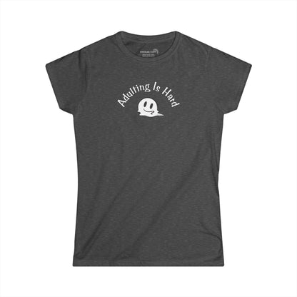 Heather gray super soft v-neck Women's t-shirt with text Adulting is Hard and graphic of a melting smiley face