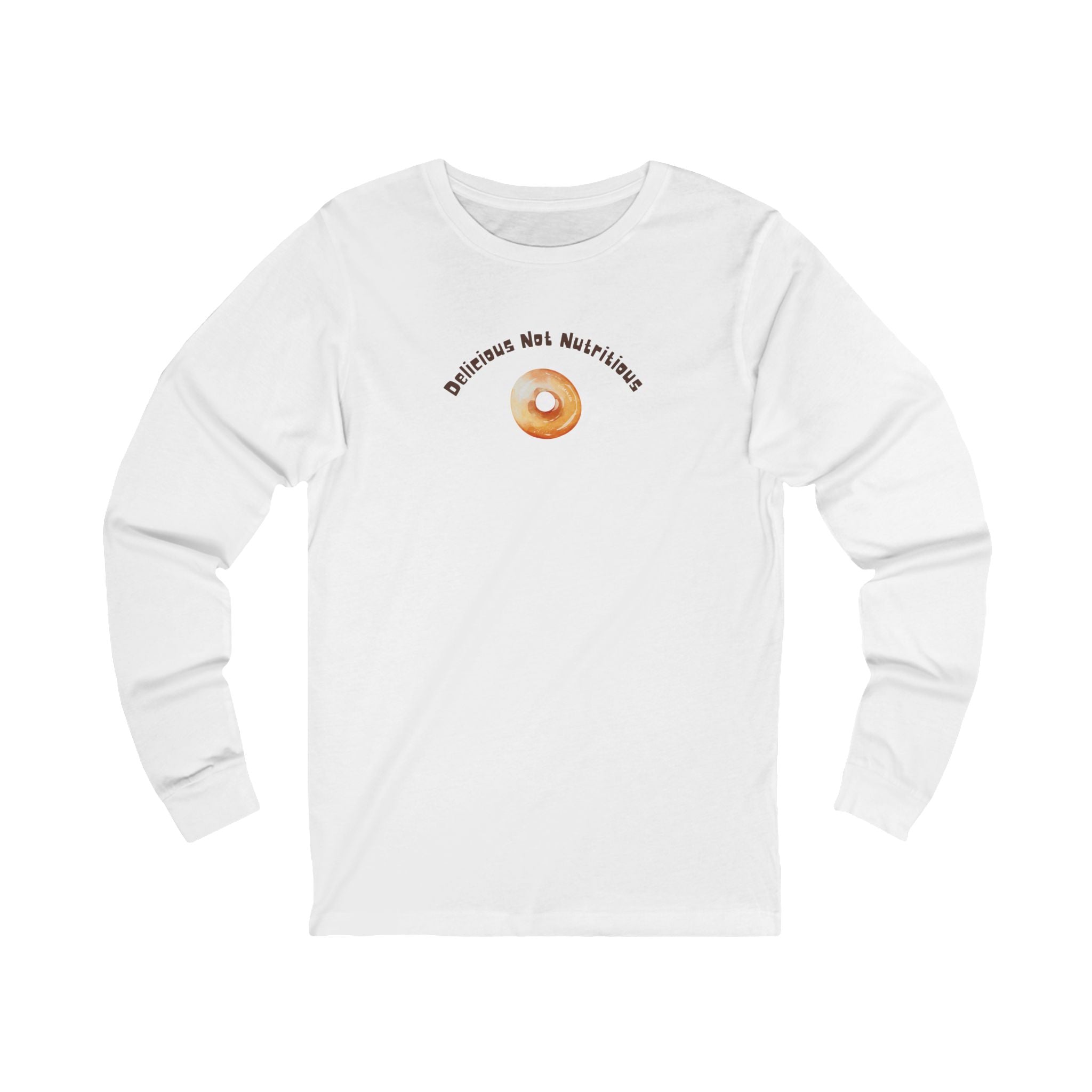 White long-sleeve shirt with a donut graphic and text "Delicious Not Nutritious"