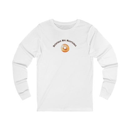 White long-sleeve shirt with a donut graphic and text "Delicious Not Nutritious"