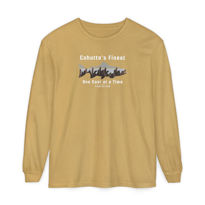 Mustard long-sleeve shirt with a fishing-themed design saying Cohutta's finest One Cast at a Time by 515Gear.com