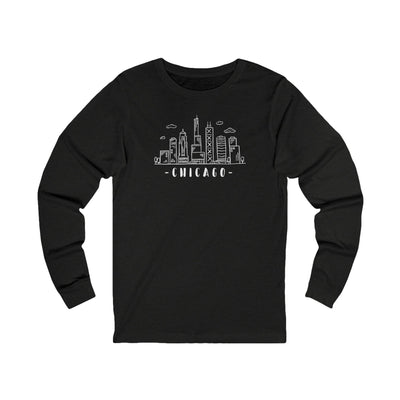 Black long-sleeve shirt with Chicago skyline graphic and text "Chicago"