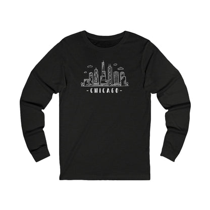Black long-sleeve shirt with Chicago skyline graphic and text "Chicago"