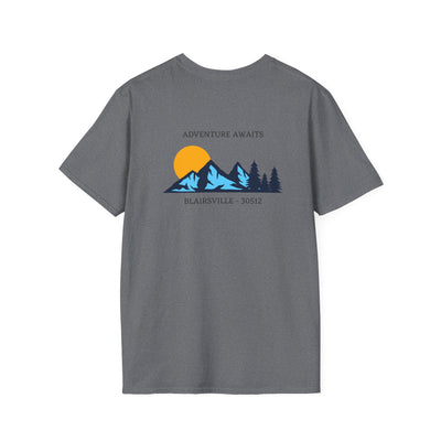Adult t-shirt,  graphic mountains  'ADVENTURE AWAITS', by 515Gear.com |Blairsville, GA |
