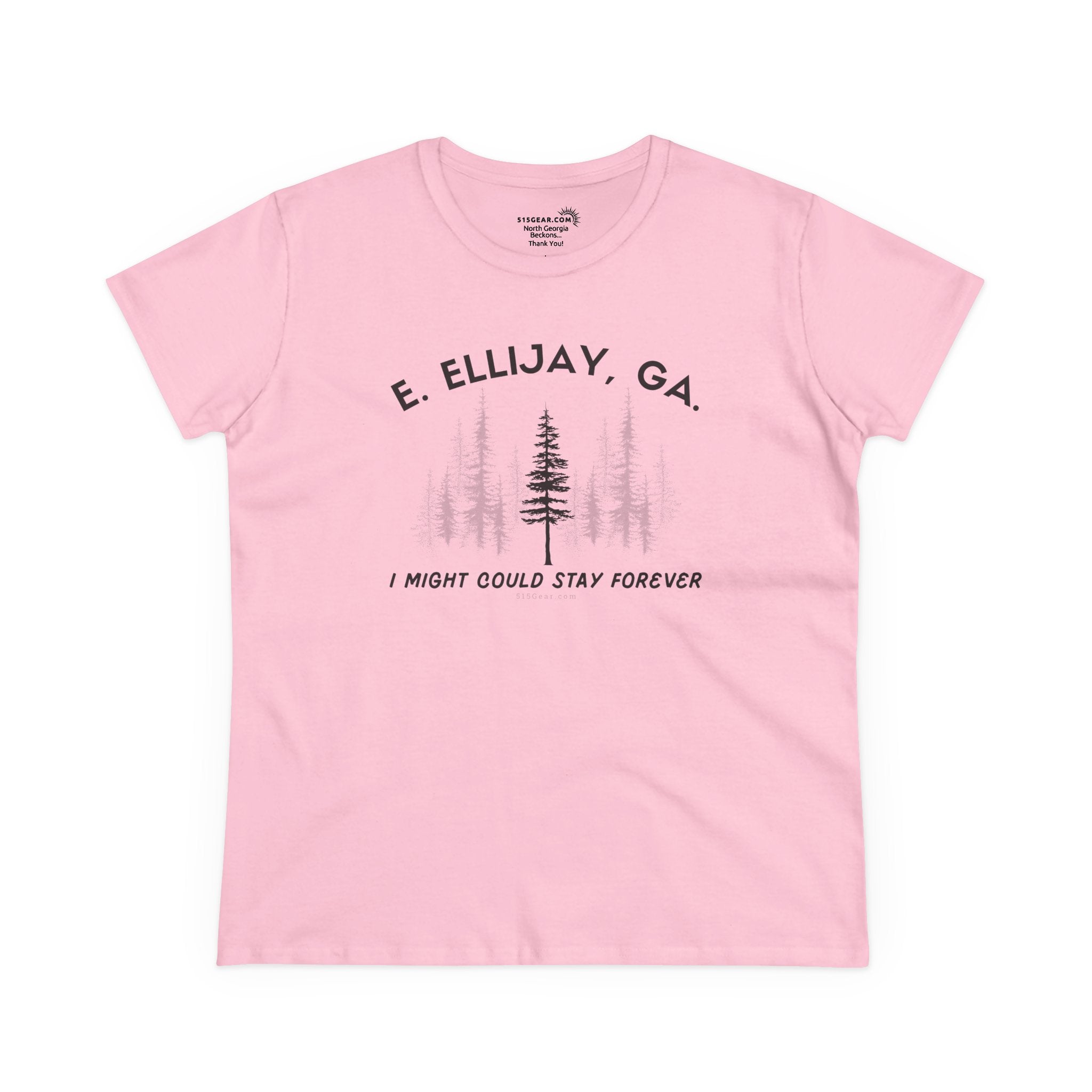Women's semi-fitted t-shirt by 515 Gear | Ellijay, GA | 'I might could stay forever' forest graphic 