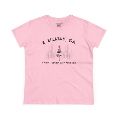 Women's semi-fitted t-shirt by 515 Gear | Ellijay, GA | 'I might could stay forever' forest graphic 