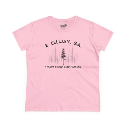 Women's semi-fitted t-shirt by 515 Gear | Ellijay, GA | 'I might could stay forever' forest graphic 
