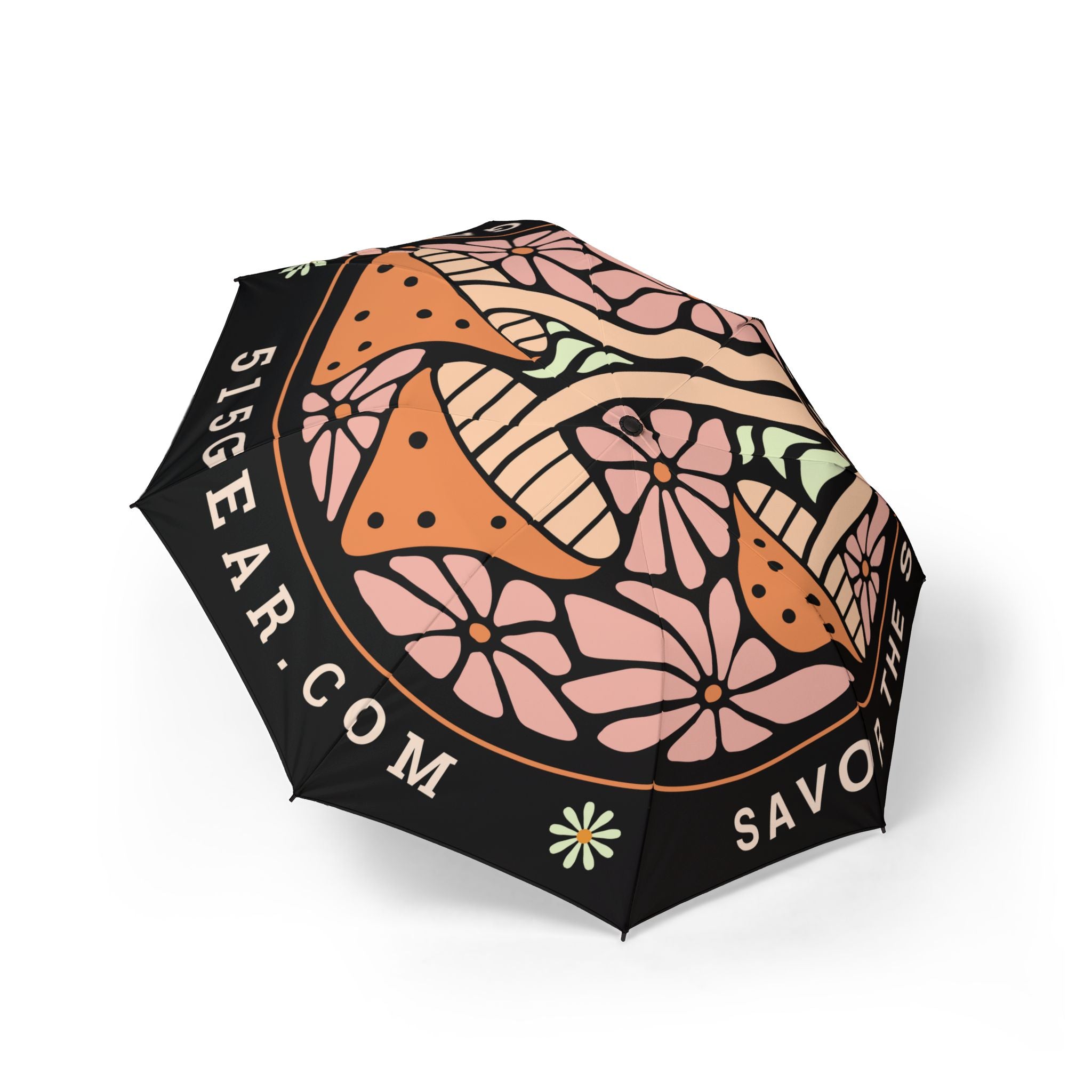 Decorative umbrella with mushroom design and text Savor the Sport Ellijay GA by 515Gear.com