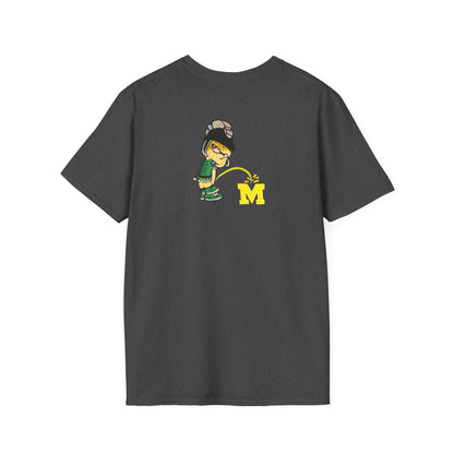 Dark gray t-shirt with cartoon Sparty peeing with text Always Spartan