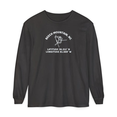 Black heather long sleeve tee with skier doing an iron cross jump mid-air and text 'Beech Mountain, NC Latitude 36.211' N Longitude 81.889' W