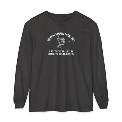 Black heather long sleeve tee with skier doing an iron cross jump mid-air and text 'Beech Mountain, NC Latitude 36.211' N Longitude 81.889' W