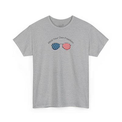 Gray t-shirt with American Flag sunglasses and text "Mind Your Own Freedom"