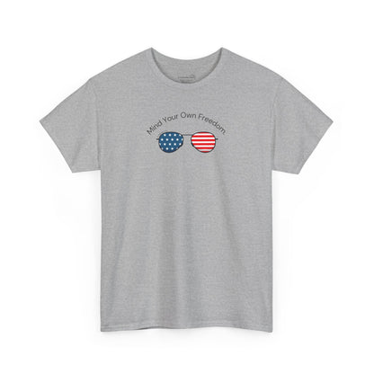 Gray t-shirt with American Flag sunglasses and text "Mind Your Own Freedom"