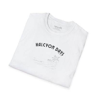 White t-shirt with 'Halcyon Days' text on a white background