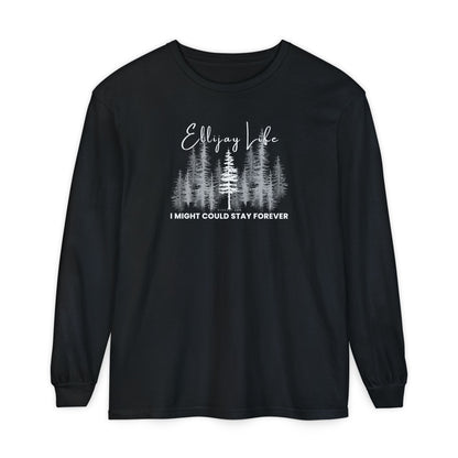 Black comfort colors long sleeve t-shirt with nature-themed graphic and text "Ellijay Life - I Might Could Stay Forever"  