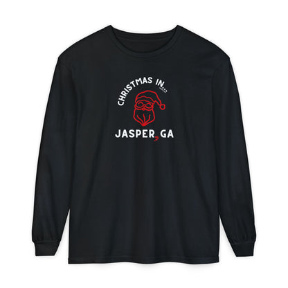 Black long-sleeve shirt with happy Santa and candy cane graphic and text "Christmas in... Jasper, GA"