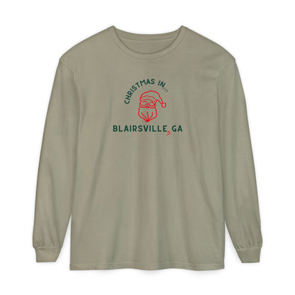 Khaki long-sleeve Comfort Colors t-shirt with Santa graphic and text "Christmas in Blairsville, GA"