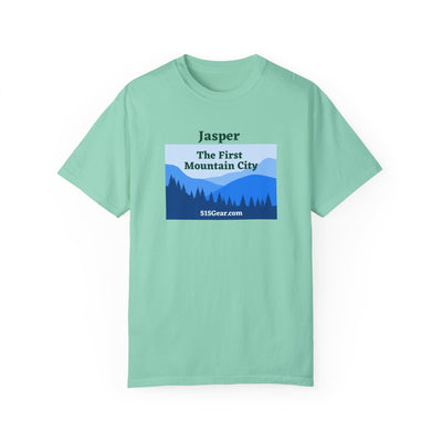 Jasper, GA First Mountain City, blue ridge mountains graphic, Unisex Garment-Dyed adult T-shirt by 515Gear.com