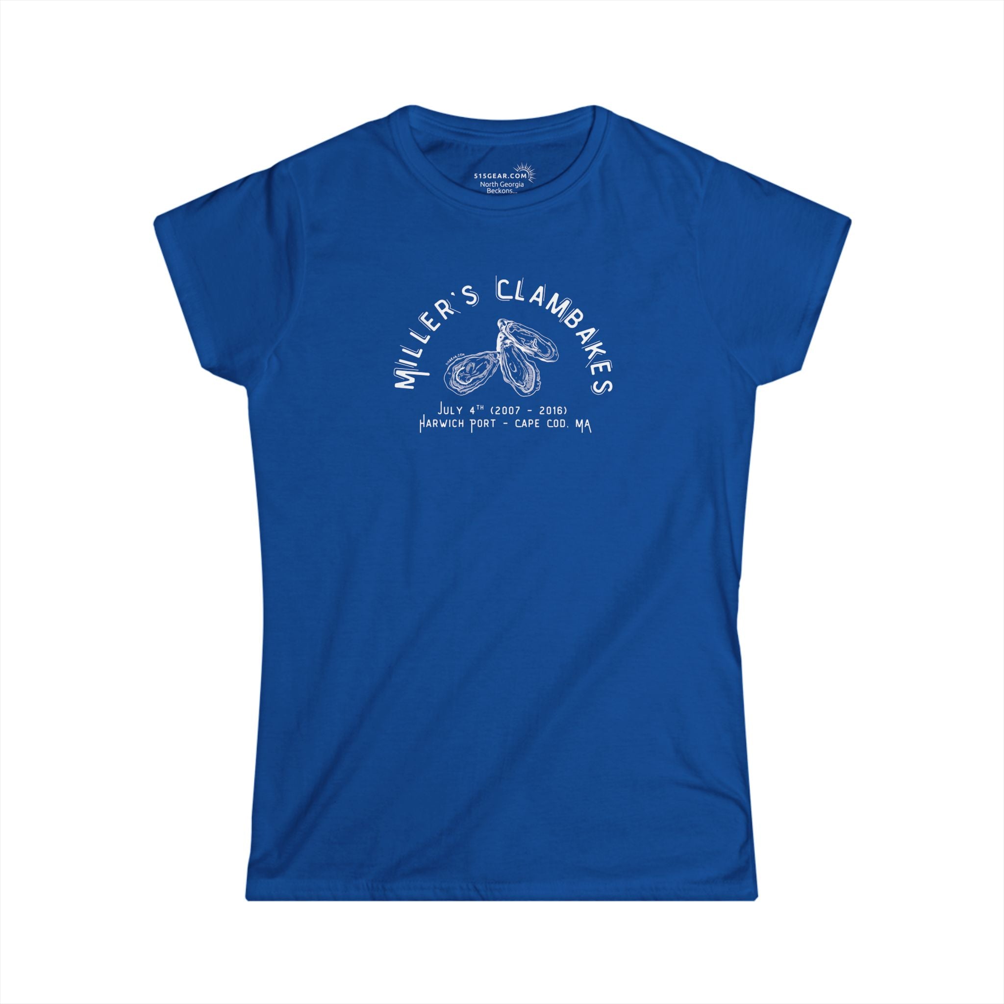 Blue t-shirt with Oyster shell graphic and text Miller's Clambakes