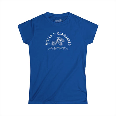 Blue t-shirt with Oyster shell graphic and text Miller's Clambakes
