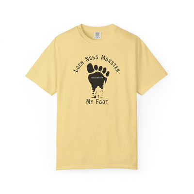 Comfort Colors yellow t-shirt with black graphic of a foot with Big Foot inside and text "Loch Ness Monster My Foot" by 515Gear.com