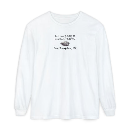White sweatshirt with an oyster graphic and the latitude & longitude for Southampton, NY