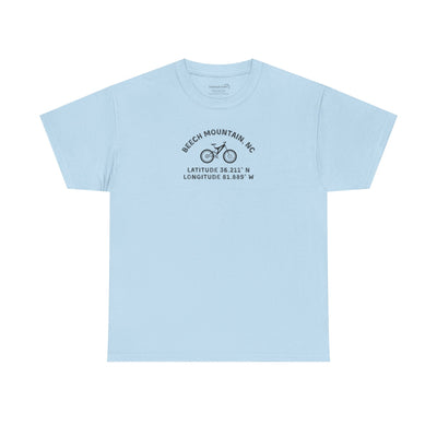 Light blue t-shirt with mountain bike graphic and text "Beech Mountain, NC - Latitude and Longitude" coordinates