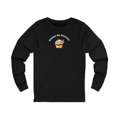 Black long-sleeve T-shirt with ice cream sundae graphic and text "delicious not nutritious" by 515gear.com