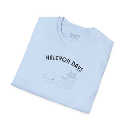 Light blue t-shirt with 'Halcyon Days' text and graphic on a white background