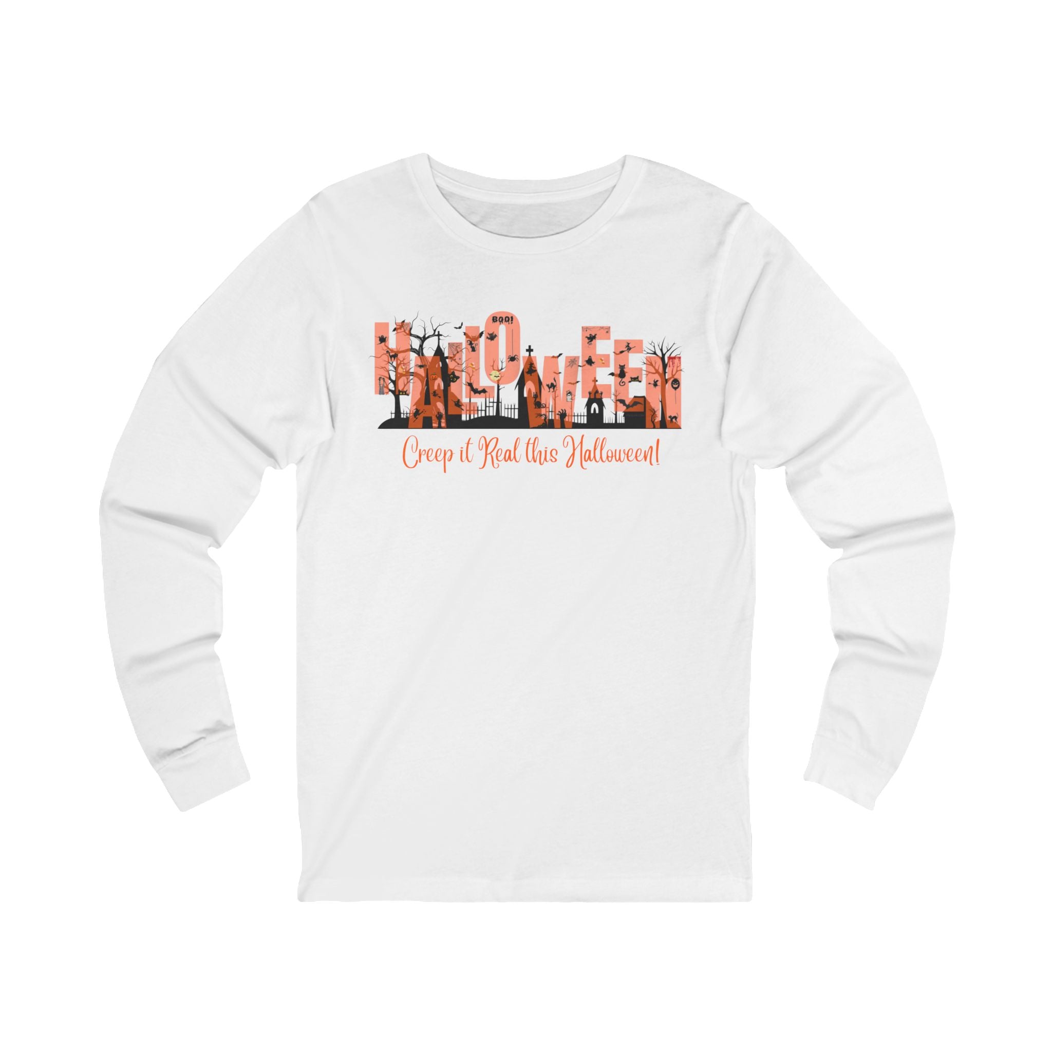 white unisex long sleeve t-shirt with halloween graphic of a cemetery and larger text "Halloween" and small text "Creep It Real This Halloween" by 515Gear.com 
