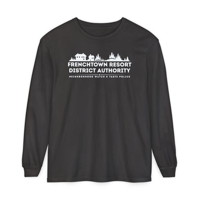 Charcol Comfort Colors long-sleeve tee with text Frenchtown Resort District Authority Neighborhood Watch & Taste Police
