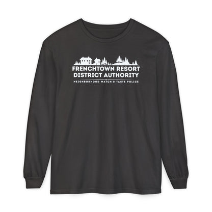 Charcol Comfort Colors long-sleeve tee with text Frenchtown Resort District Authority Neighborhood Watch & Taste Police