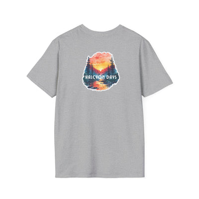 Gray Gildan Softstyle t-shirt with text "Halcyon Days" and mountain river graphic