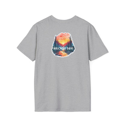 Gray Gildan Softstyle t-shirt with text "Halcyon Days" and mountain river graphic