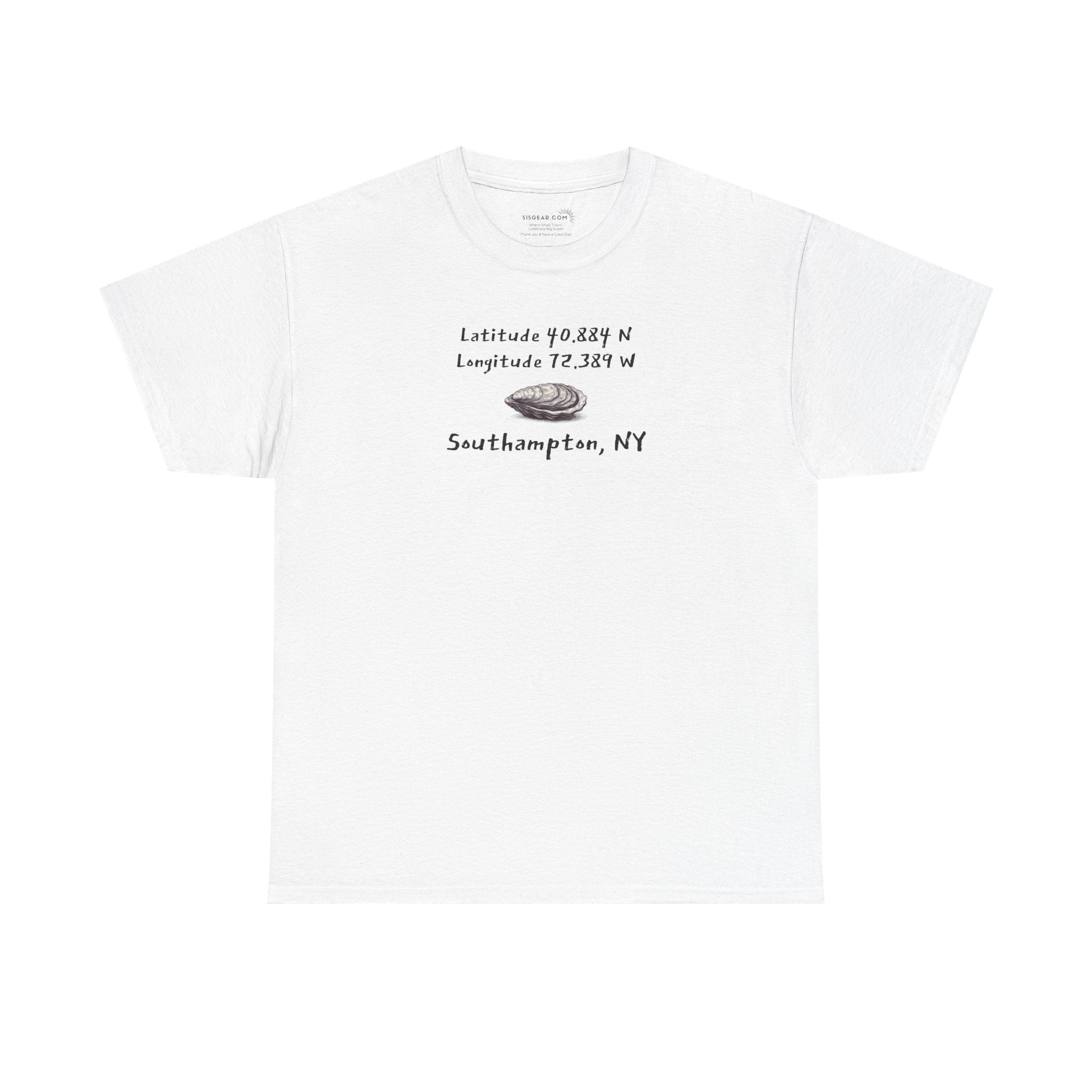 White t-shirt with oyster graphic and text "latitude and longitude - Southampton NY"