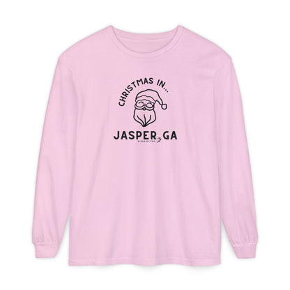 Pink Comfort Colors Long Sleeve Tee with red Santa Claus graphic and "Jasper, GA" text by 515Gear.com