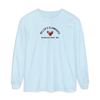 Light blue sweatshirt with a happy lobster graphic and text "Miller's Clambakes Harwich Port, MA"