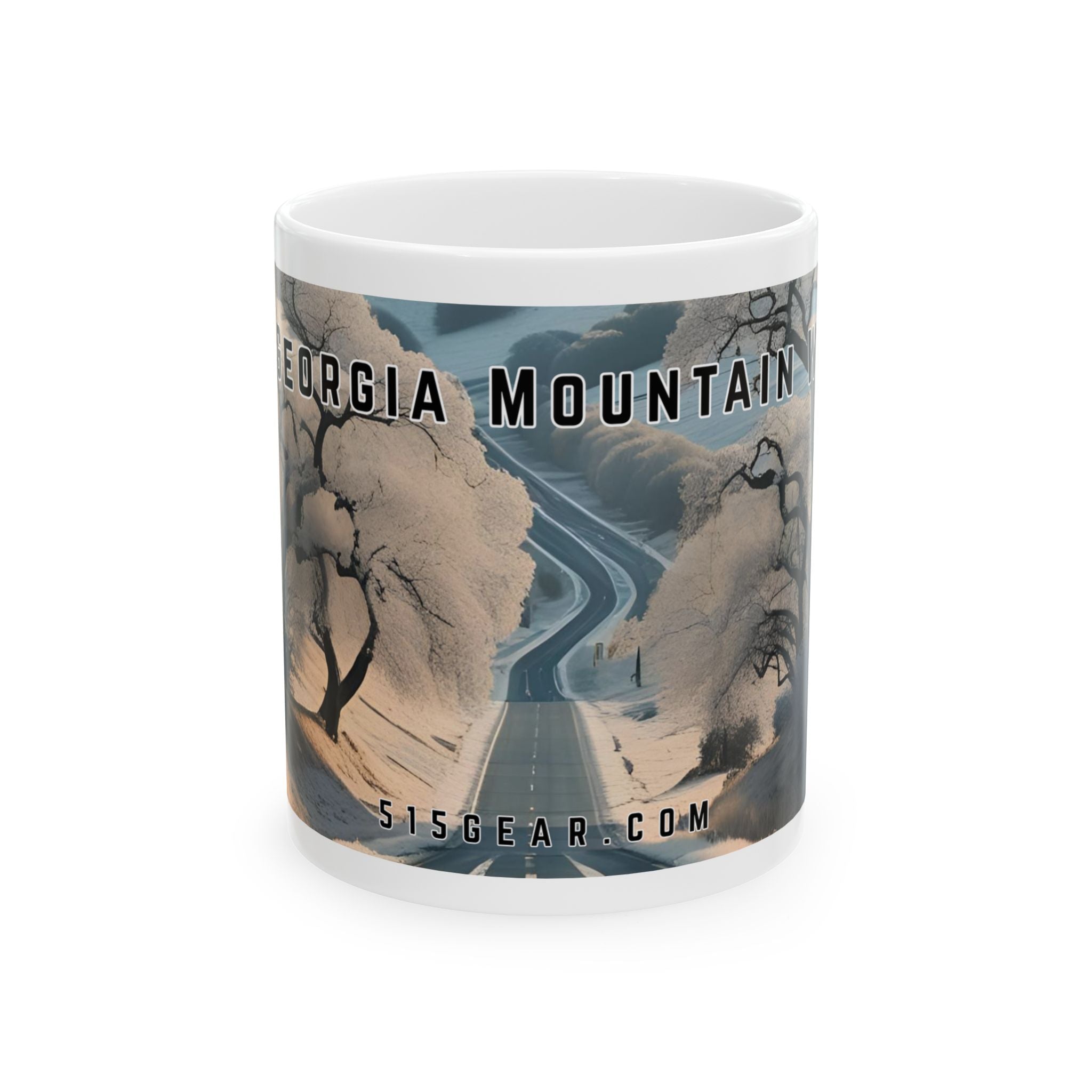 Mug with a vintage scenic design of a rural road cutting through the North Georgia Mountains in Winter by 515Gear.com