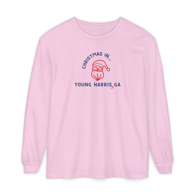 Pink long-sleeve unisex Comfort Colors t-shirt with Christmas graphic and text "Christmas in Young Harris, GA"