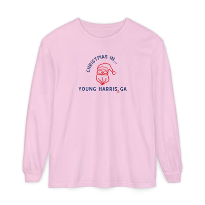 Pink long-sleeve unisex Comfort Colors t-shirt with Christmas graphic and text "Christmas in Young Harris, GA"