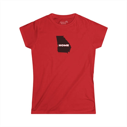 Red Women's Semi-fitted v-neck Tee, 100% cotton with State of Georgia graphic and text "Home" in Georgia Bulldog colors